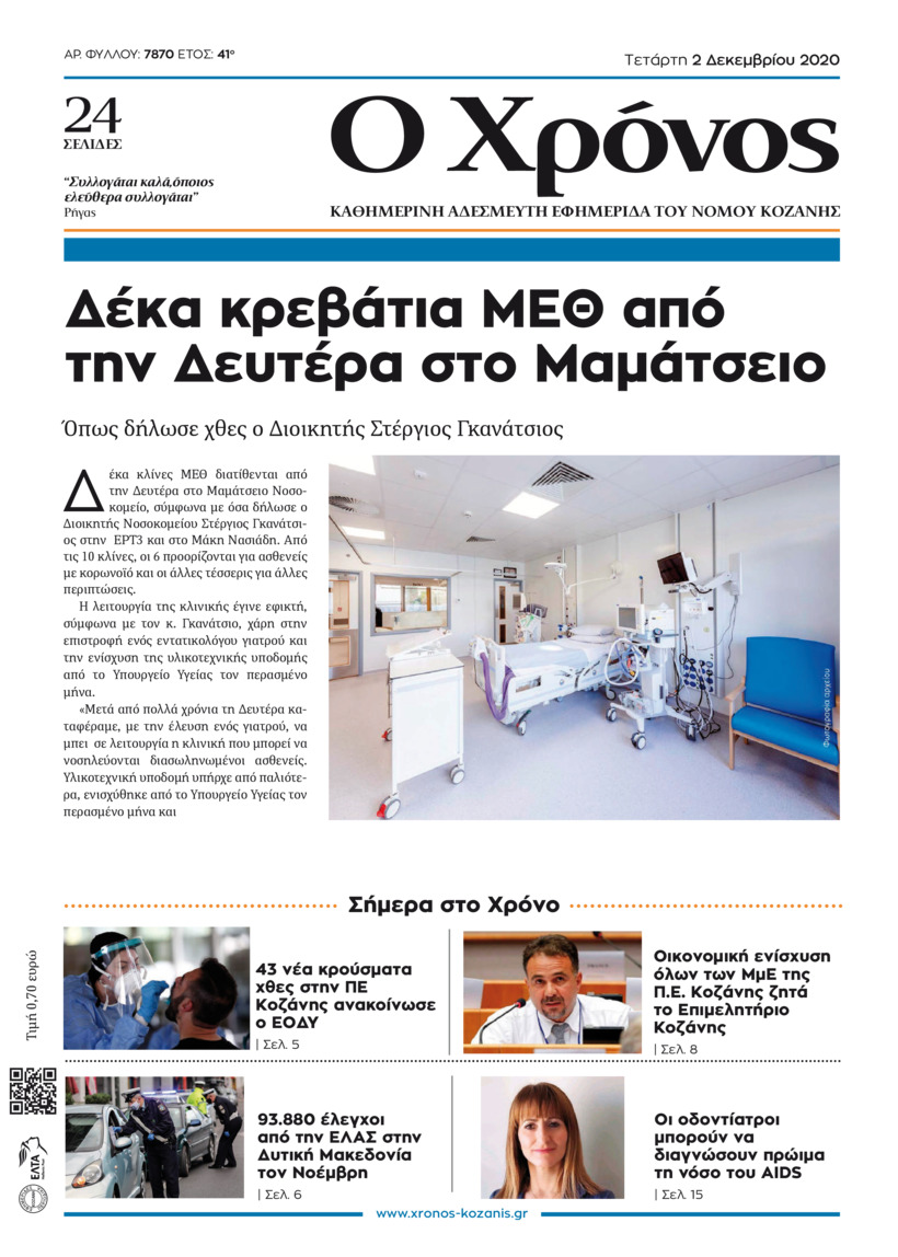Πρωτοσέλιδο εφημερίδας Ο Χρόνος Κοζάνης