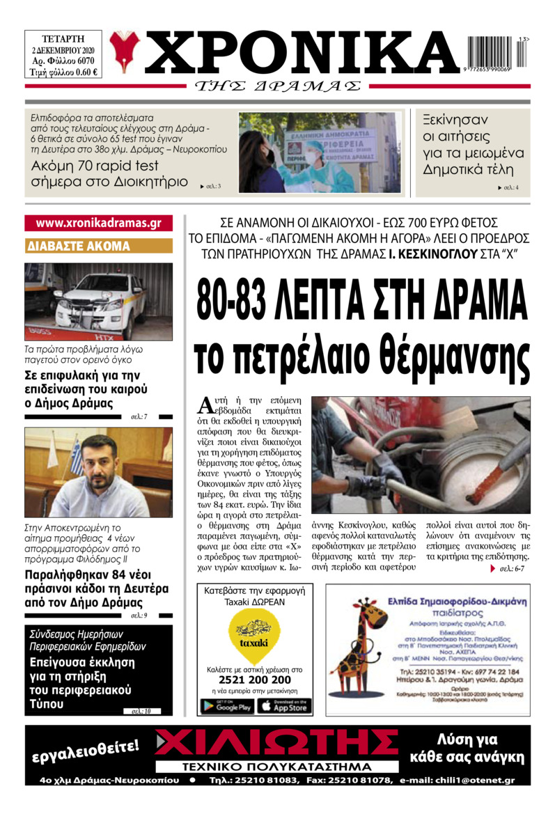 Πρωτοσέλιδο εφημερίδας Χρονικά Δράμας