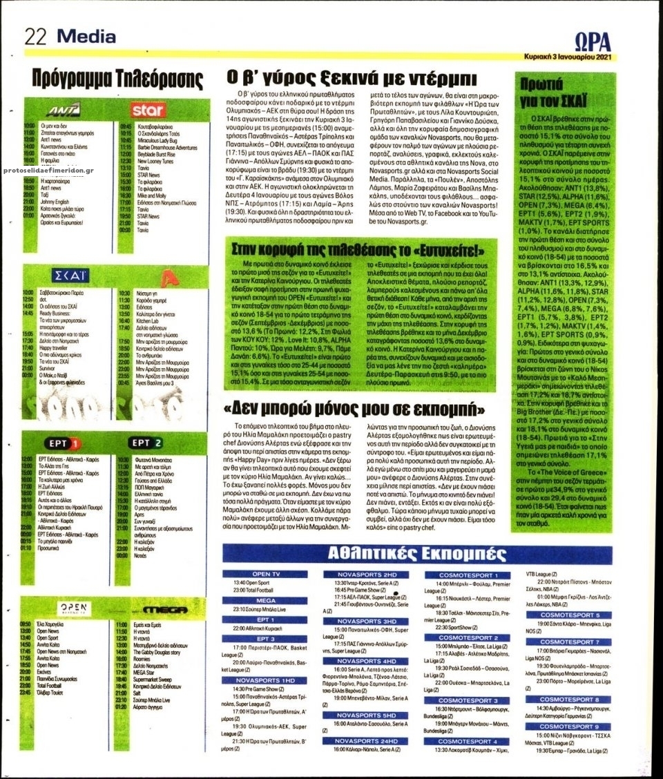 Οπισθόφυλλο εφημερίδας Η ώρα των Σπορ