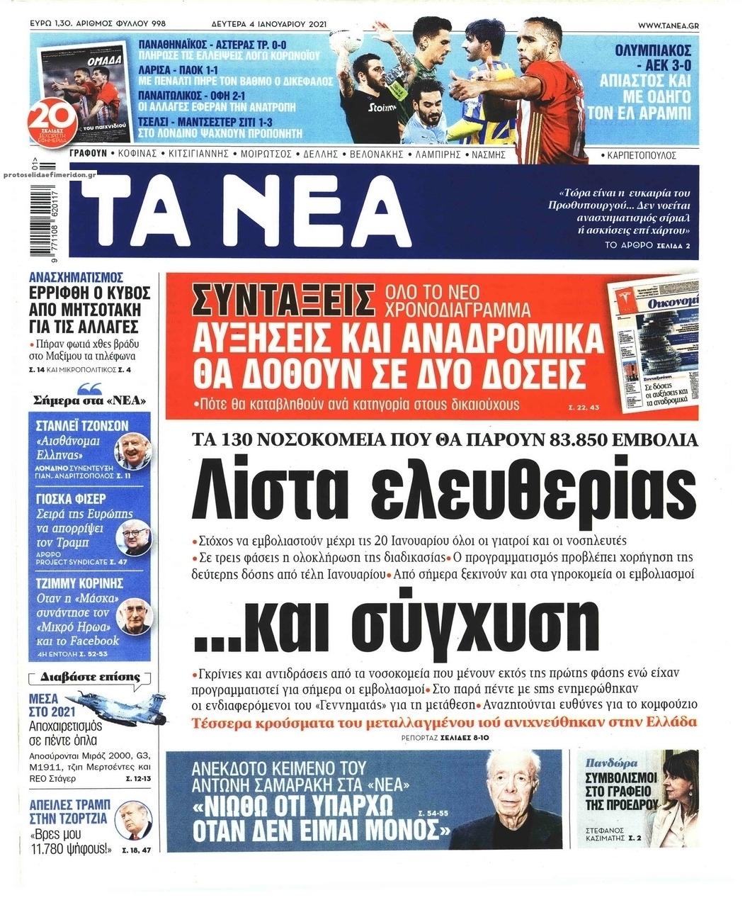 Πρωτοσέλιδο εφημερίδας Τα Νέα