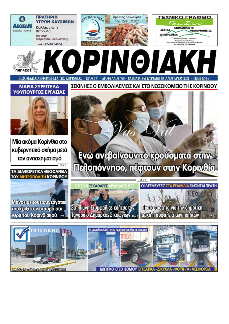 Πρωτοσέλιδο εφημερίδας Κορινθιακή