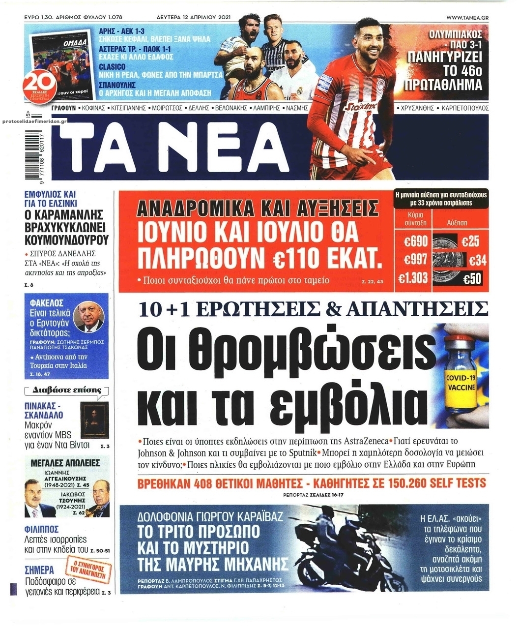 Πρωτοσέλιδο εφημερίδας Τα Νέα