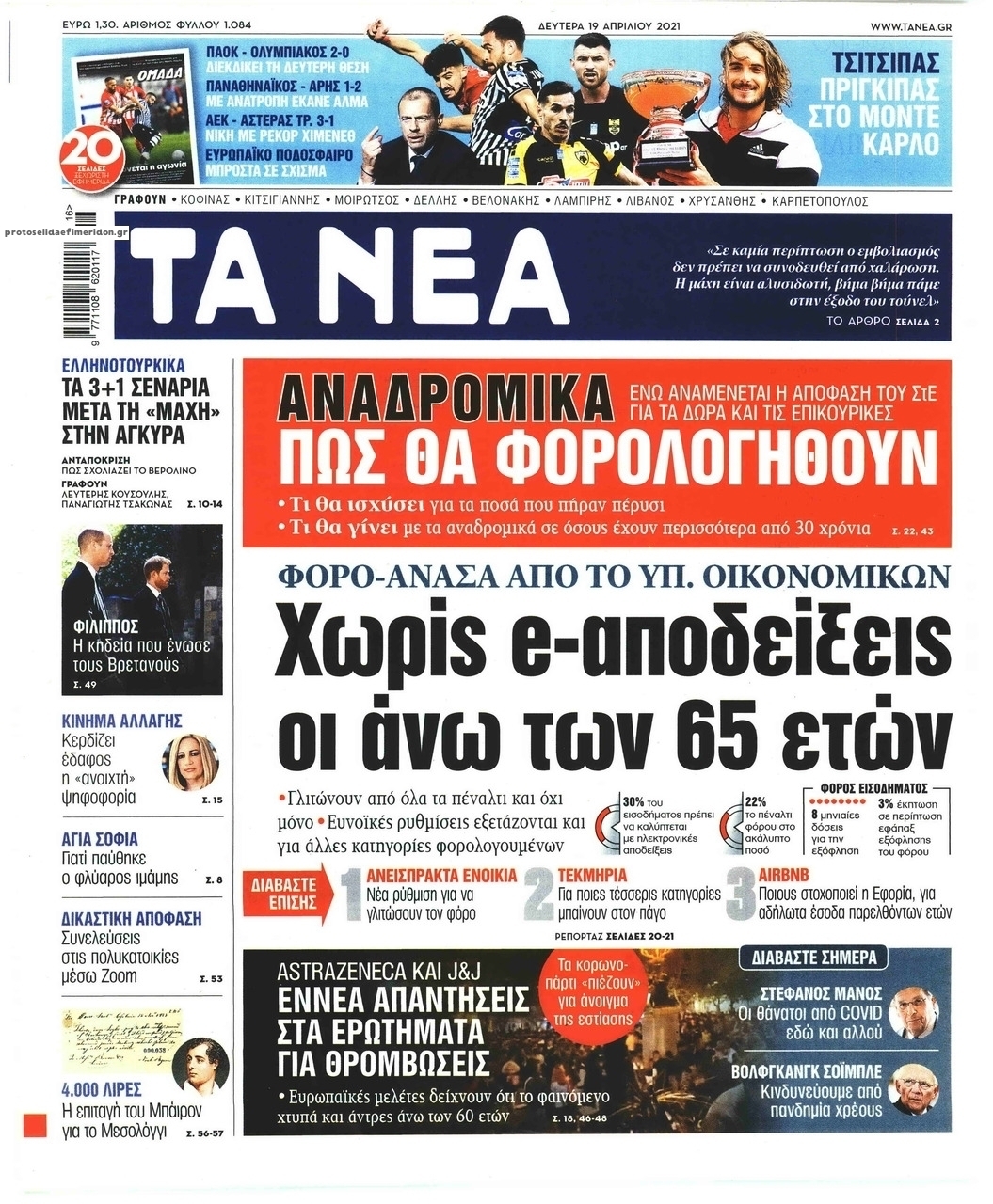 Πρωτοσέλιδο εφημερίδας Τα Νέα