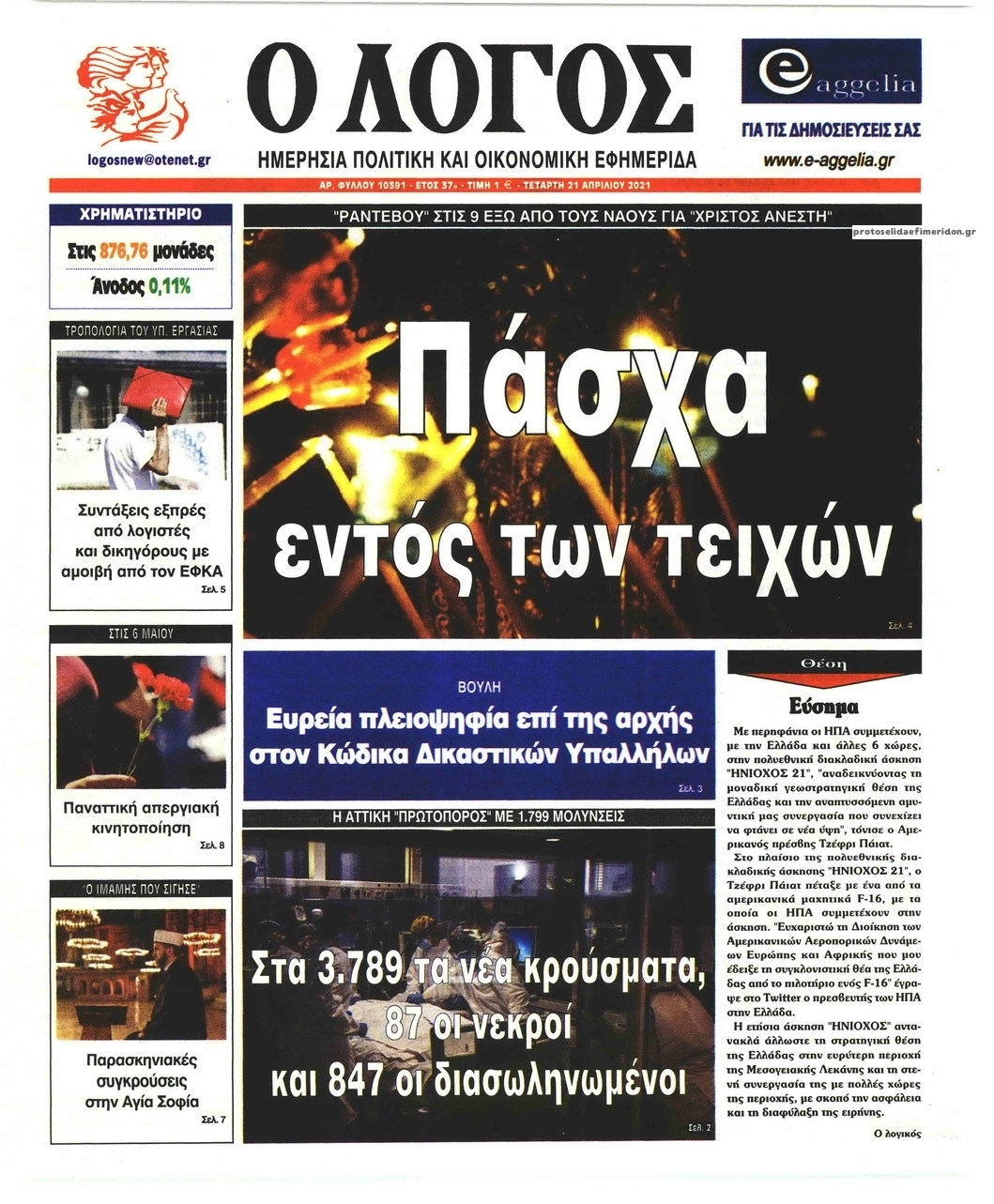 Πρωτοσέλιδο εφημερίδας Λόγος