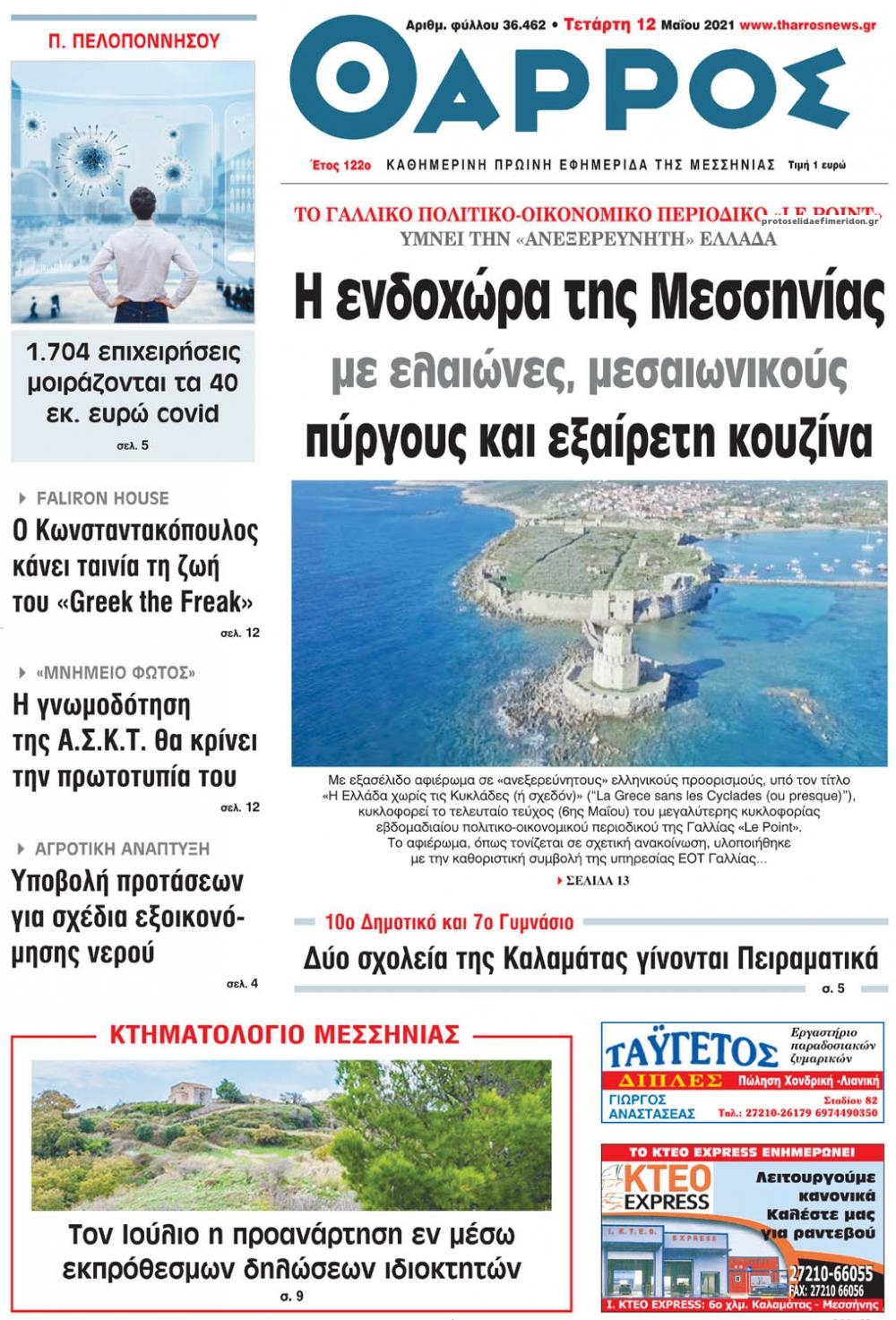 Πρωτοσέλιδο εφημερίδας Θάρρος Μεσσηνίας