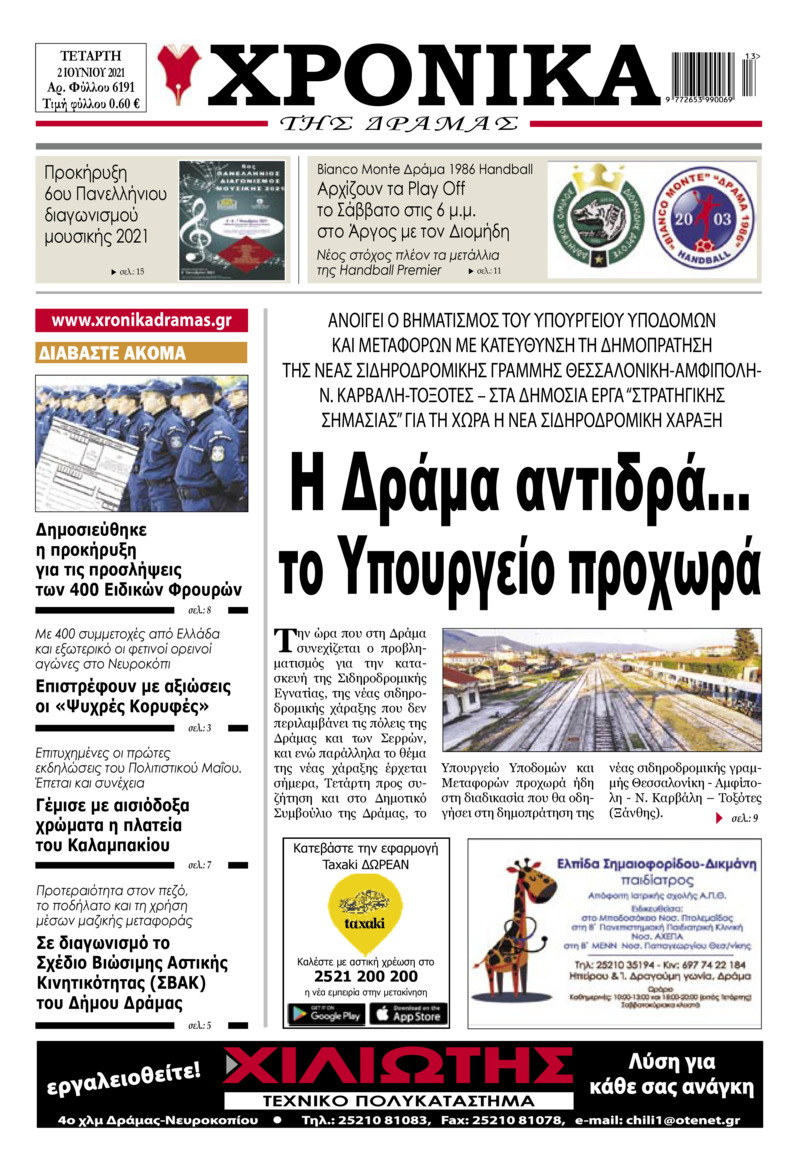 Πρωτοσέλιδο εφημερίδας Χρονικά Δράμας