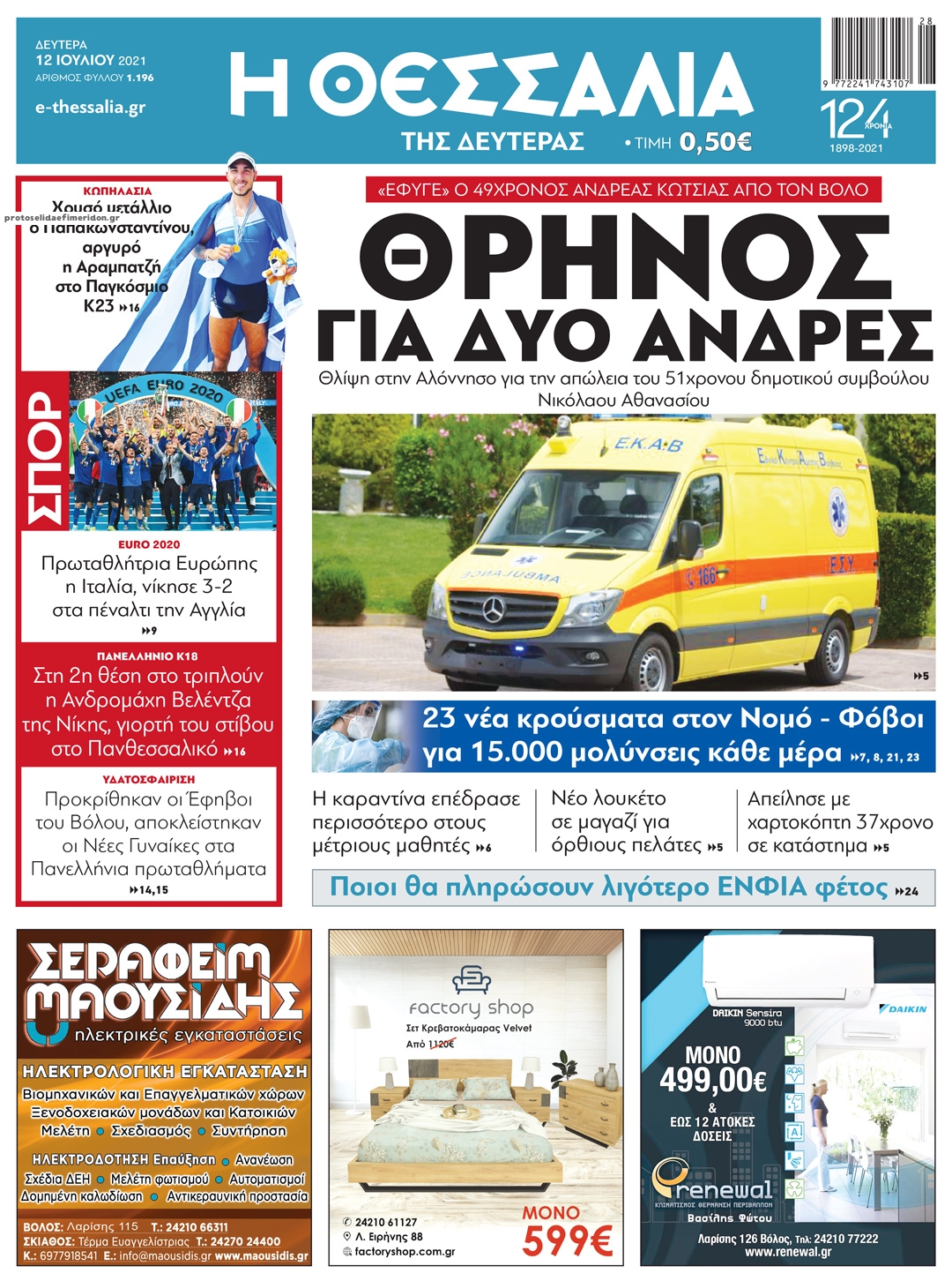 Πρωτοσέλιδο εφημερίδας Θεσσαλία