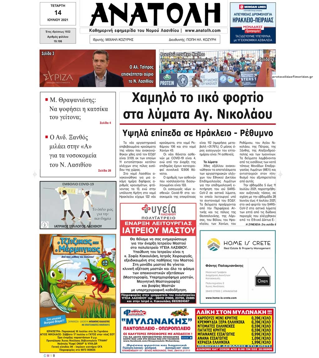 Πρωτοσέλιδο εφημερίδας Ανατολή