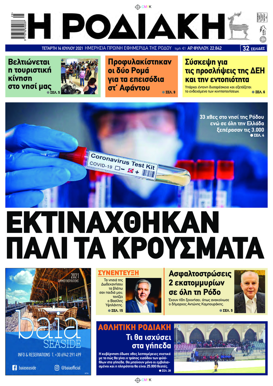 Πρωτοσέλιδο εφημερίδας Ροδιακή