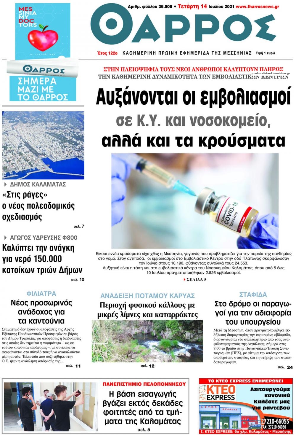 Πρωτοσέλιδο εφημερίδας Θάρρος Μεσσηνίας