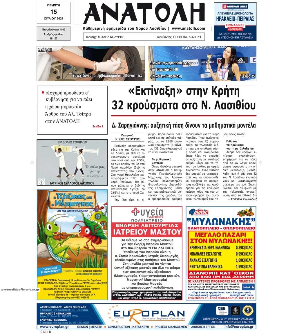 Πρωτοσέλιδο εφημερίδας Ανατολή