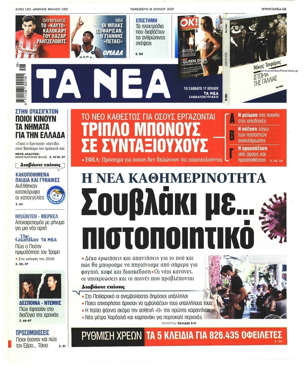 Πρωτοσέλιδο εφημερίδας Τα Νέα
