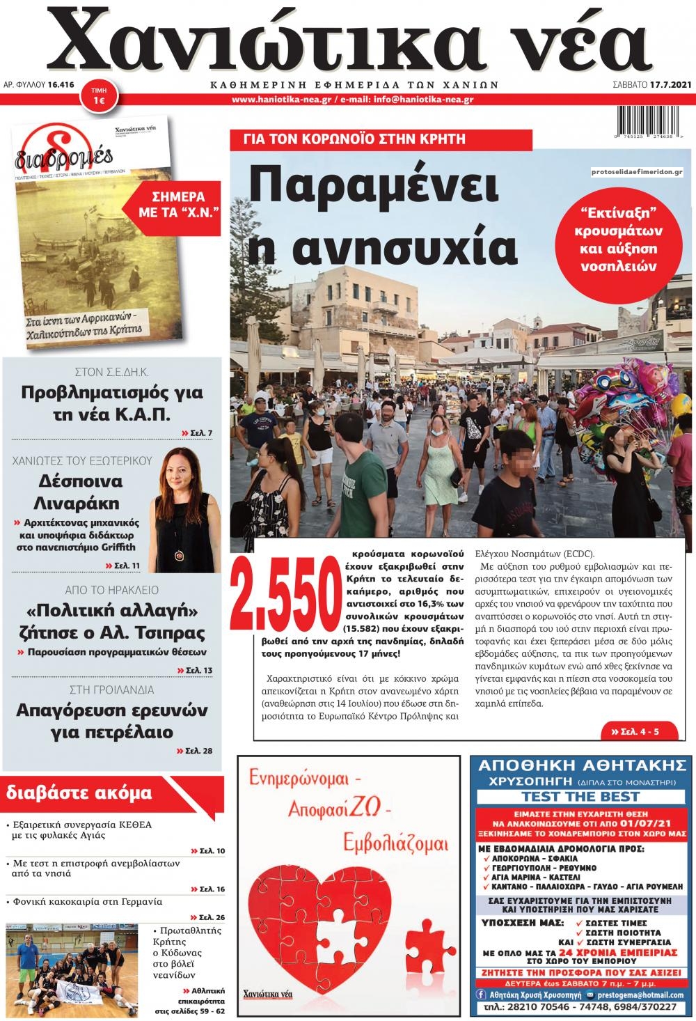 Πρωτοσέλιδο εφημερίδας Χανιώτικα Νέα