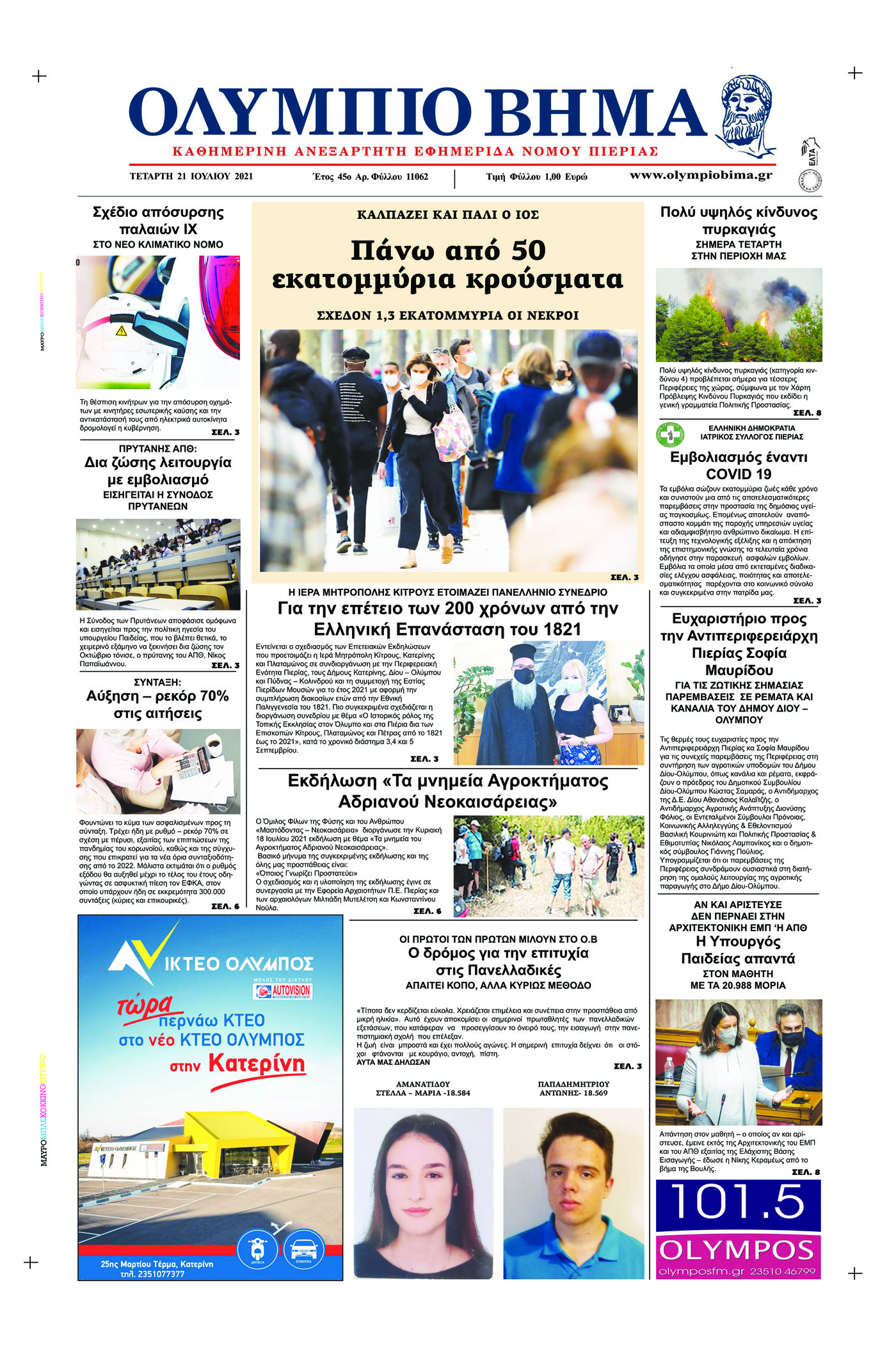 Πρωτοσέλιδο εφημερίδας Ολύμπιο Βήμα