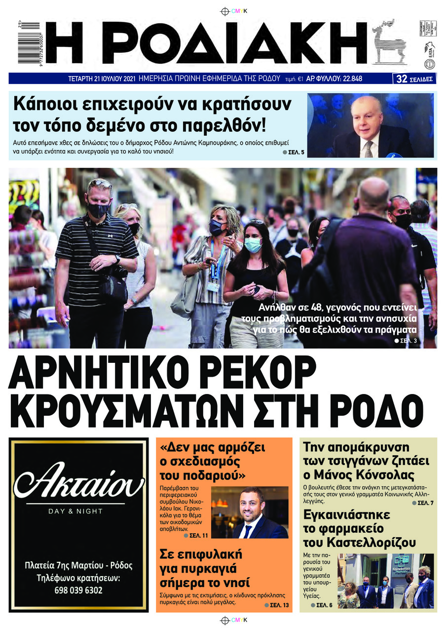 Πρωτοσέλιδο εφημερίδας Ροδιακή