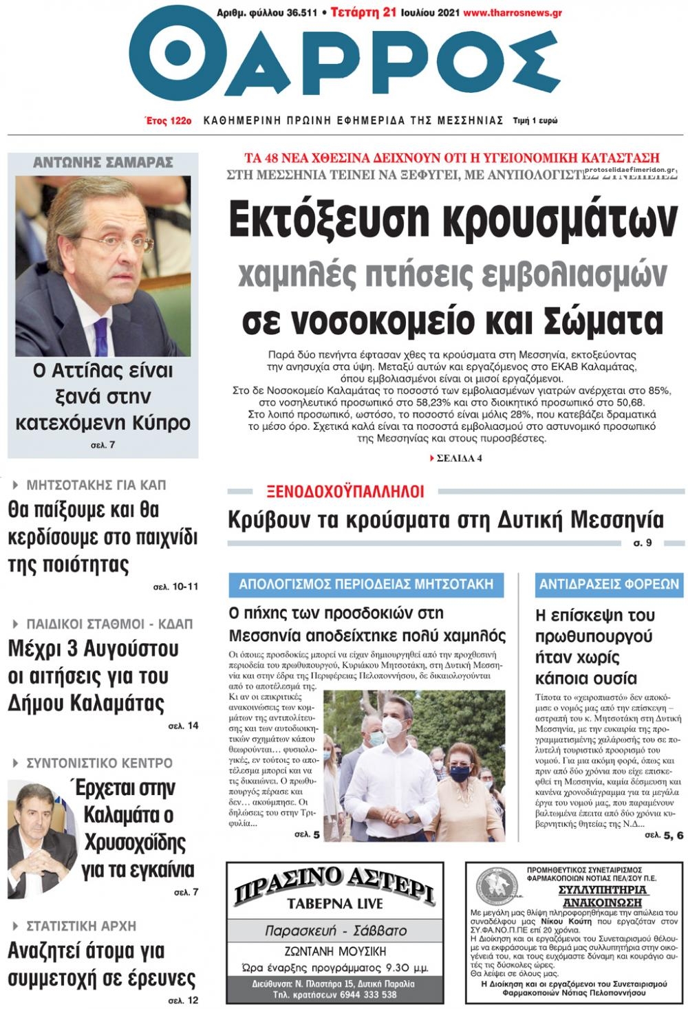 Πρωτοσέλιδο εφημερίδας Θάρρος Μεσσηνίας