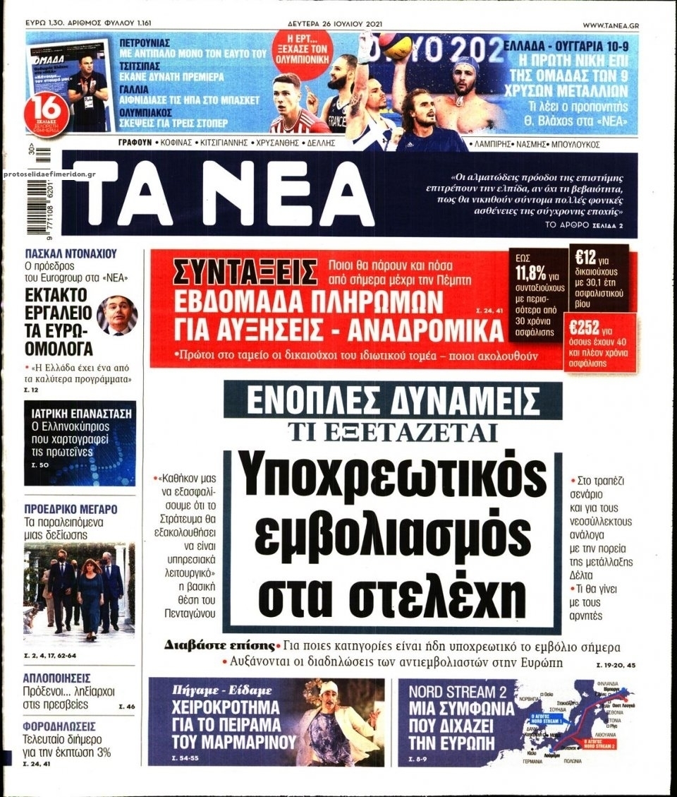 Πρωτοσέλιδο εφημερίδας Τα Νέα