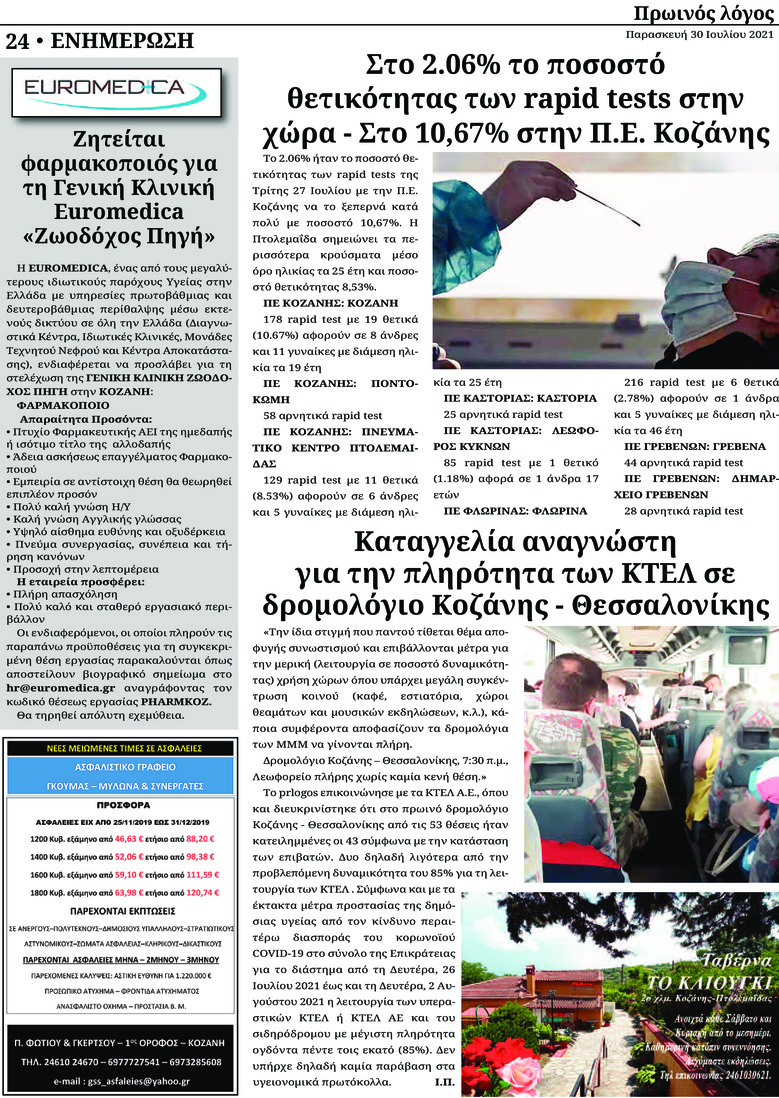 Οπισθόφυλλο εφημερίδας Πρωινός λόγος Κοζάνης