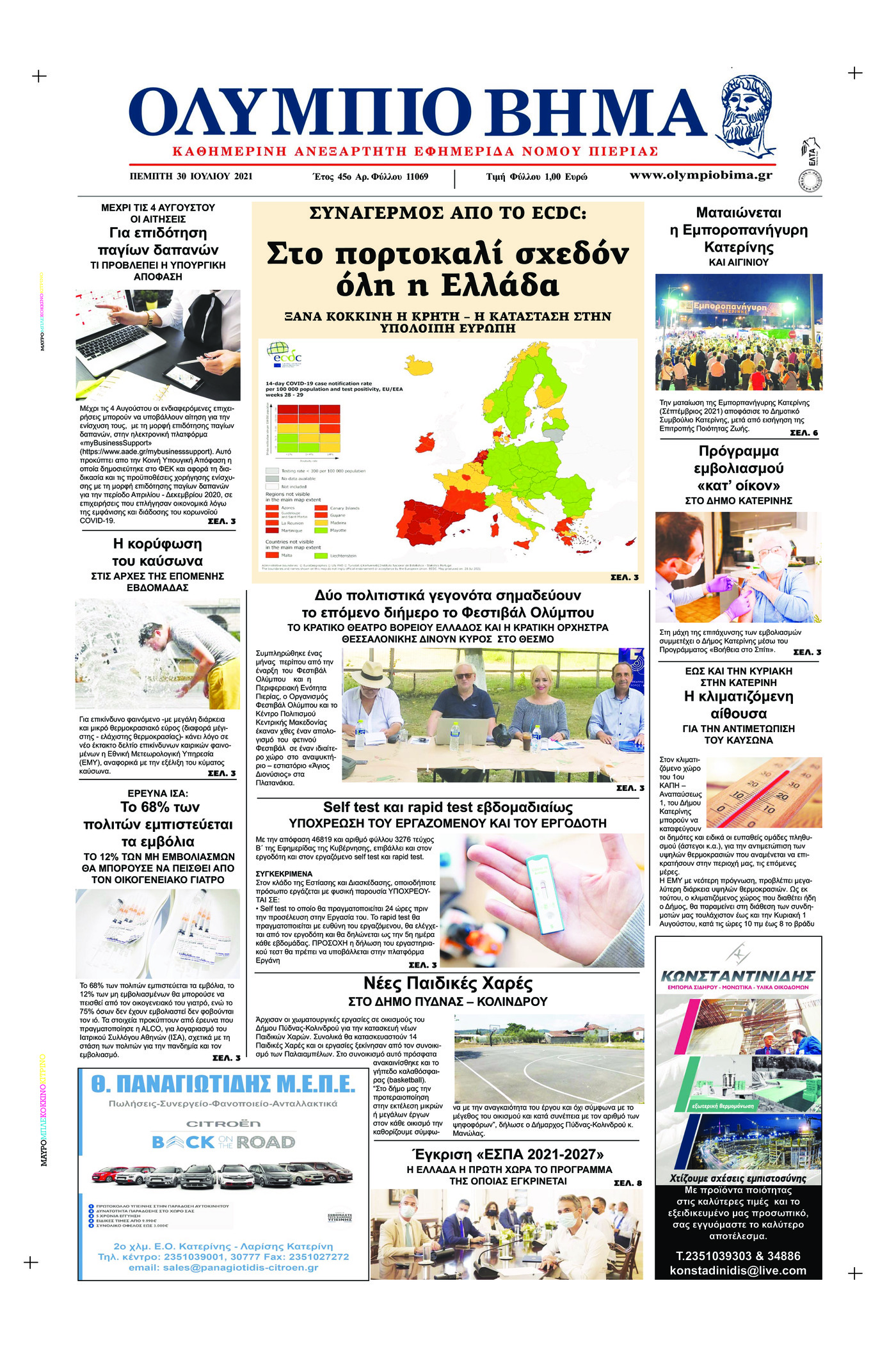 Πρωτοσέλιδο εφημερίδας Ολύμπιο Βήμα