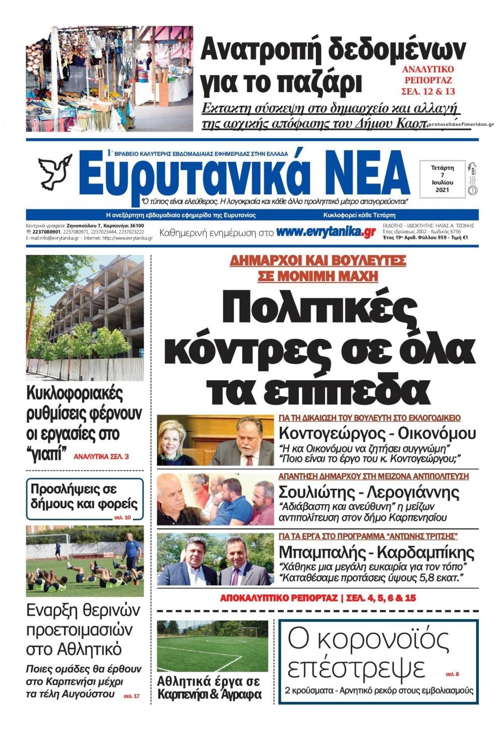Πρωτοσέλιδο εφημερίδας Ευρυτανικά Νέα