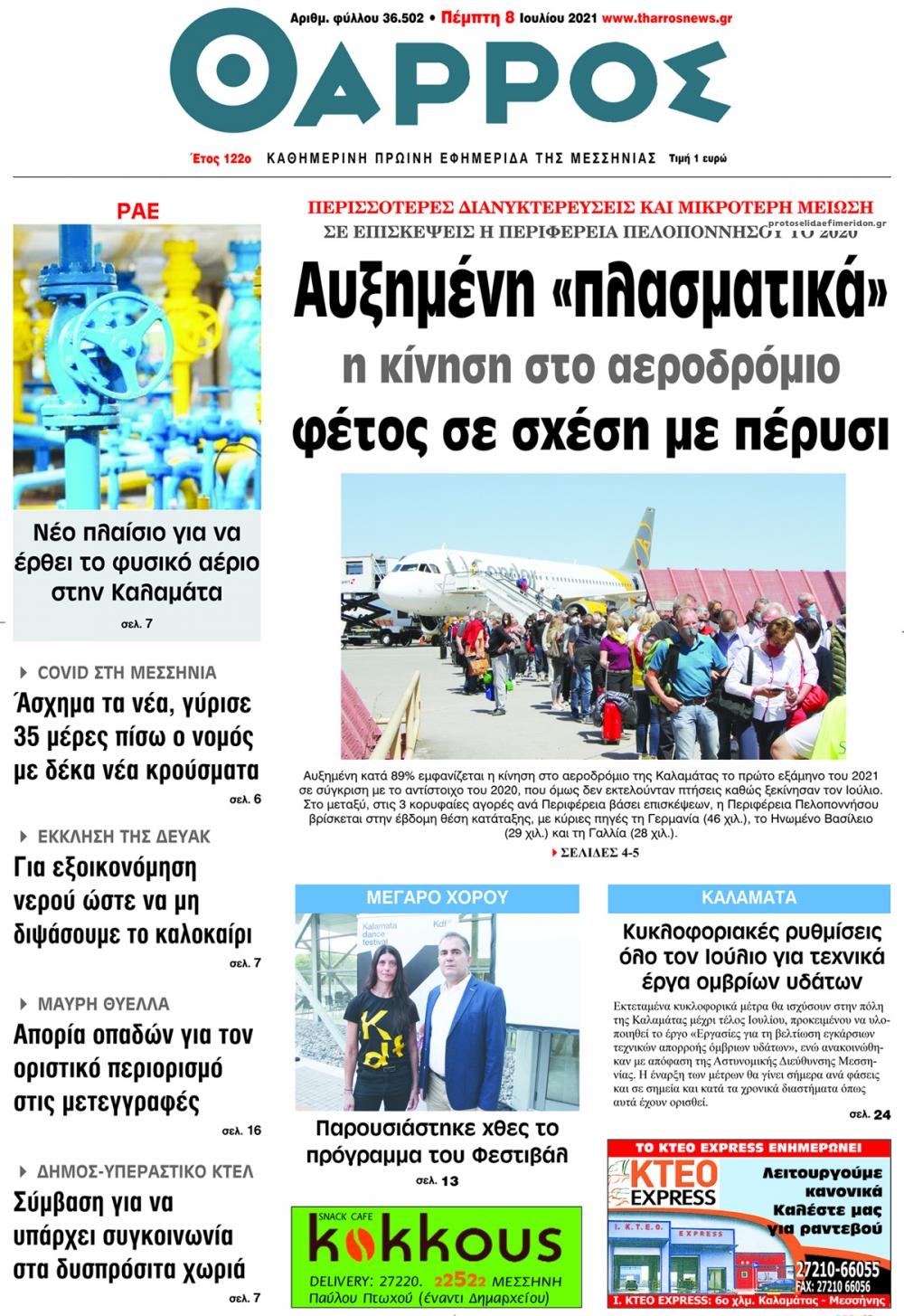 Πρωτοσέλιδο εφημερίδας Θάρρος Μεσσηνίας