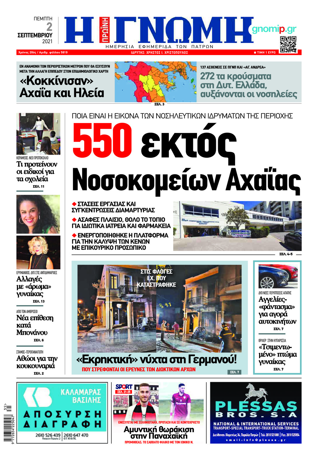 Πρωτοσέλιδο εφημερίδας Γνώμη της Πάτρας