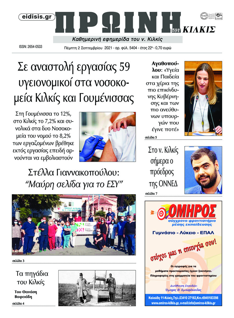 Πρωτοσέλιδο εφημερίδας Πρωινή Κιλκίς