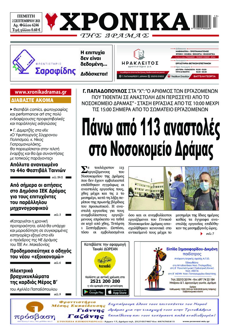 Πρωτοσέλιδο εφημερίδας Χρονικά Δράμας