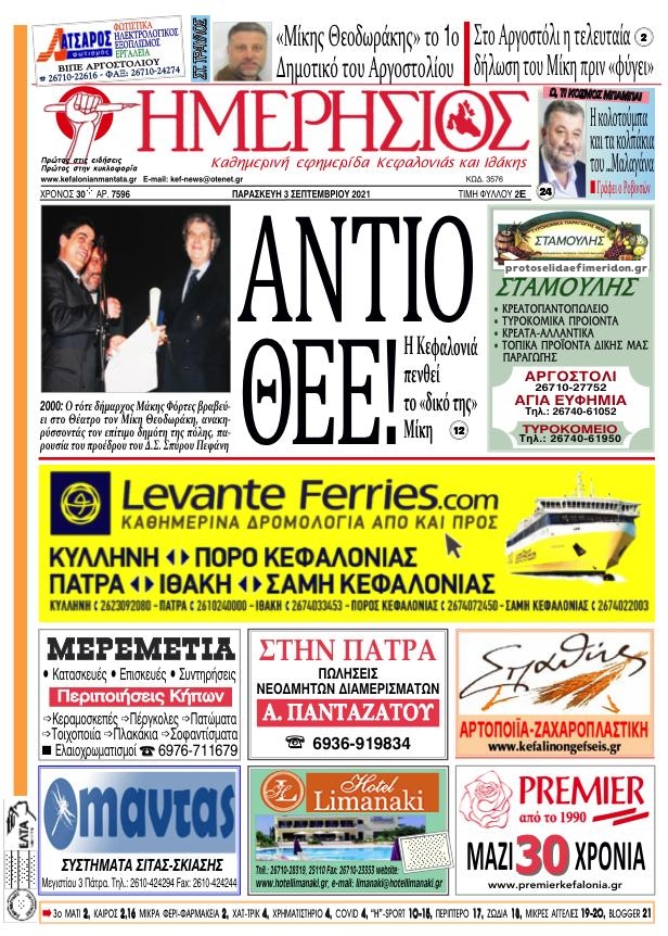 Πρωτοσέλιδο εφημερίδας Ημερήσιος