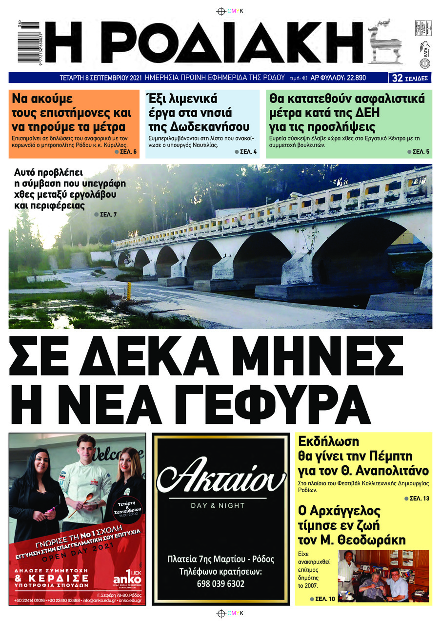Πρωτοσέλιδο εφημερίδας Ροδιακή