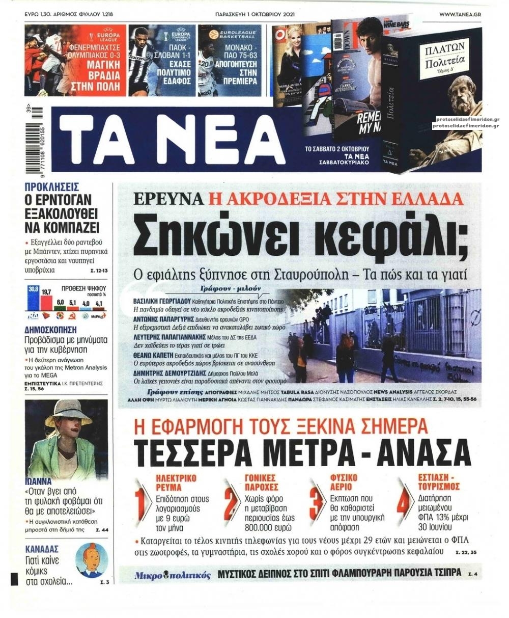 Πρωτοσέλιδο εφημερίδας Τα Νέα