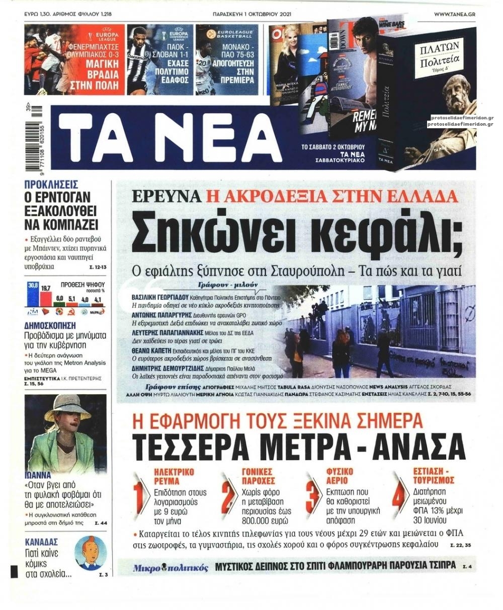 Πρωτοσέλιδο εφημερίδας Τα Νέα