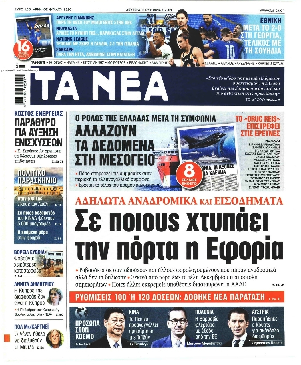 Πρωτοσέλιδο εφημερίδας Τα Νέα