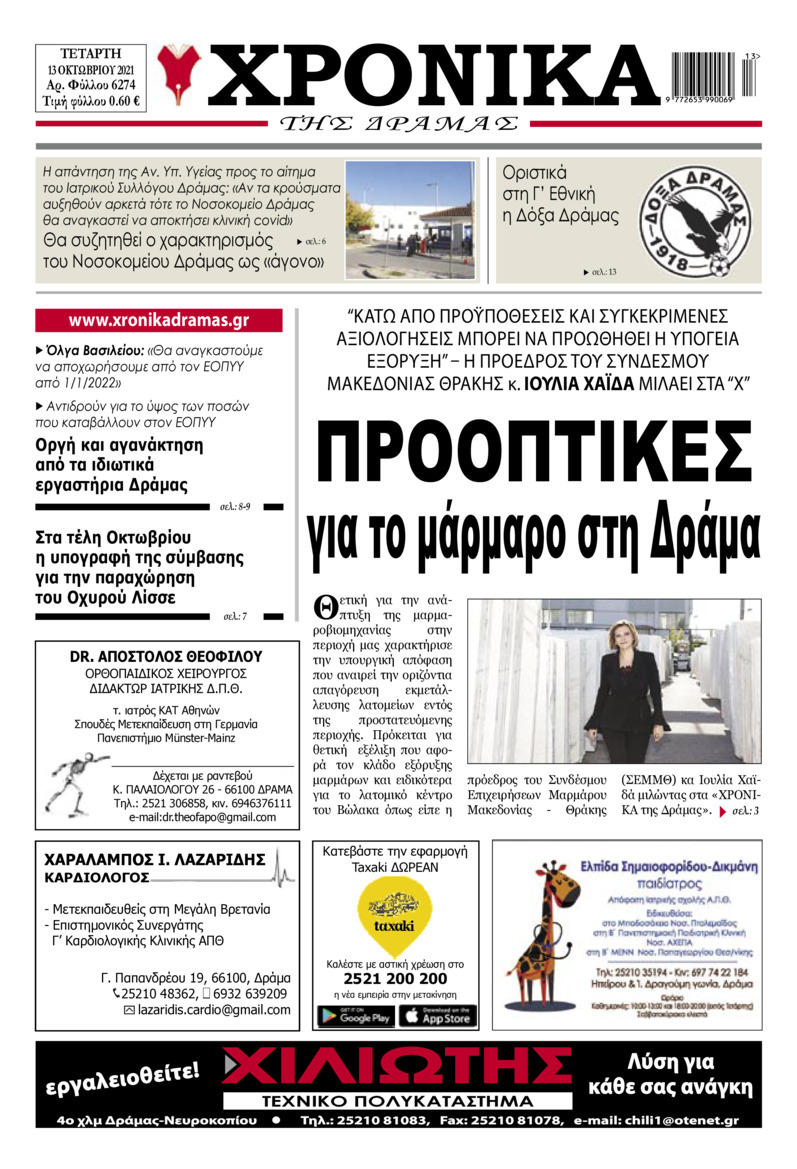 Πρωτοσέλιδο εφημερίδας Χρονικά Δράμας