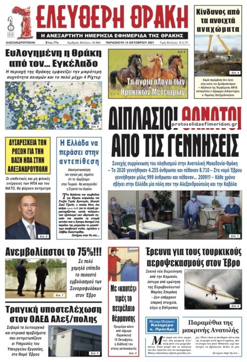 Πρωτοσέλιδο εφημερίδας Ελεύθερη Θράκη