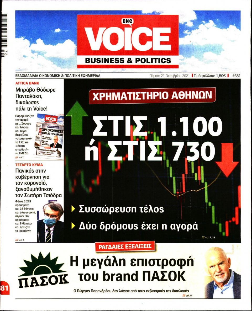 Πρωτοσέλιδο εφημερίδας Finance and Markets Voice