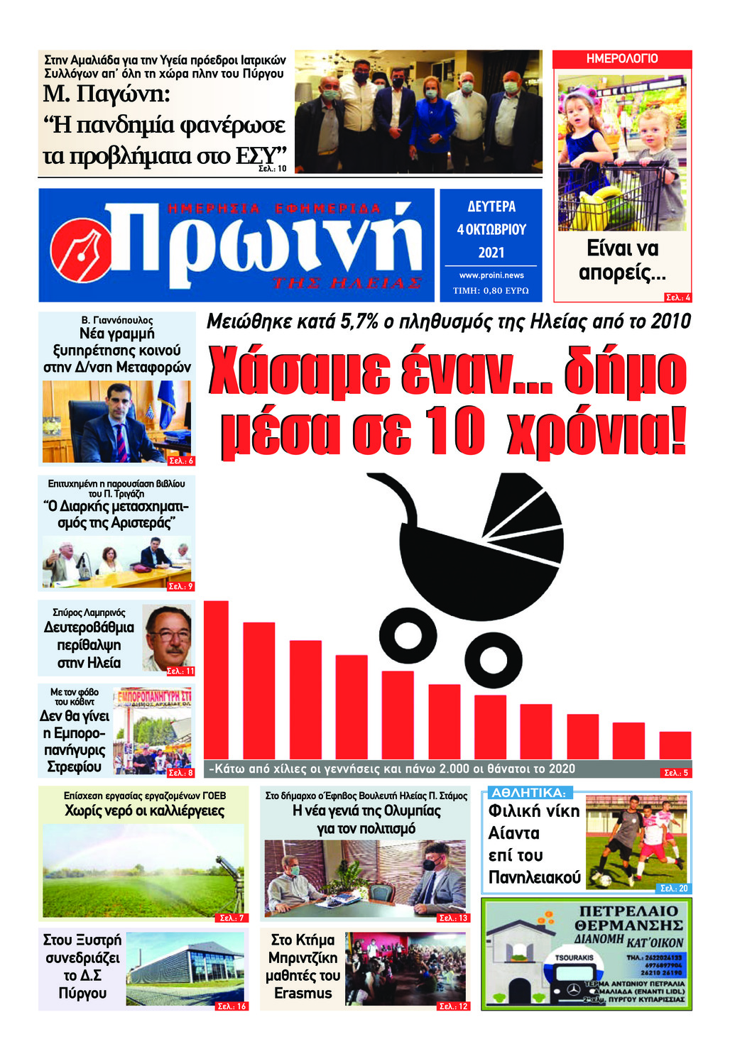 Πρωτοσέλιδο εφημερίδας Πρωινή Ηλείας