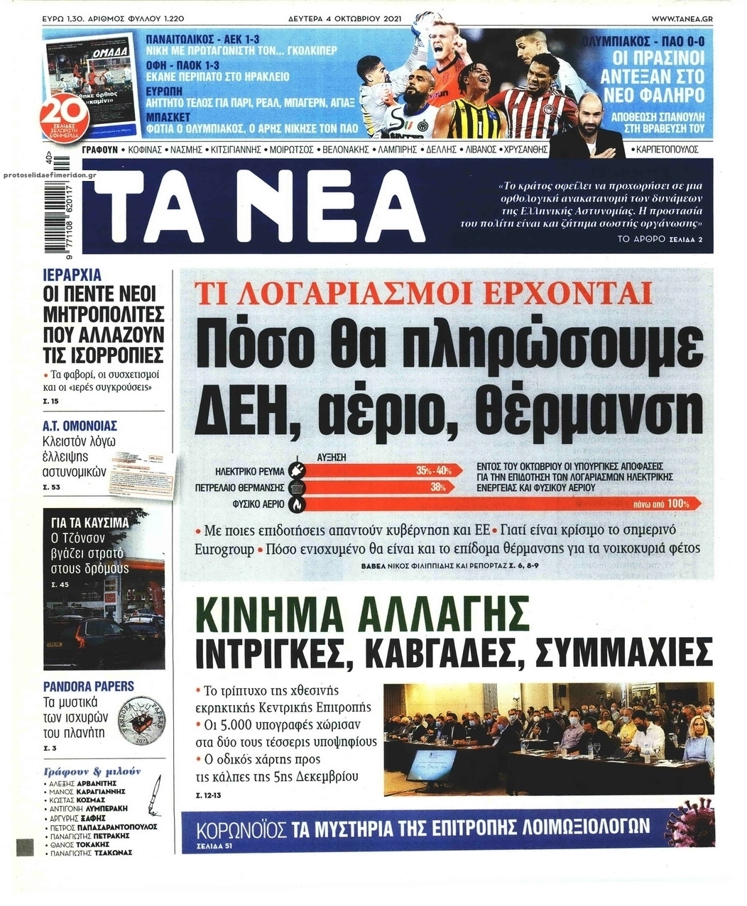 Πρωτοσέλιδο εφημερίδας Τα Νέα