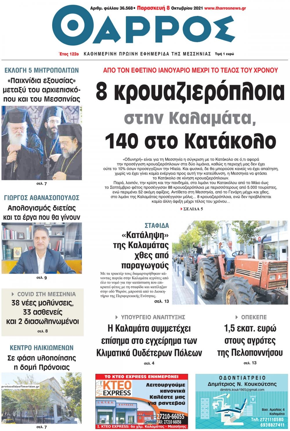 Πρωτοσέλιδο εφημερίδας Θάρρος Μεσσηνίας