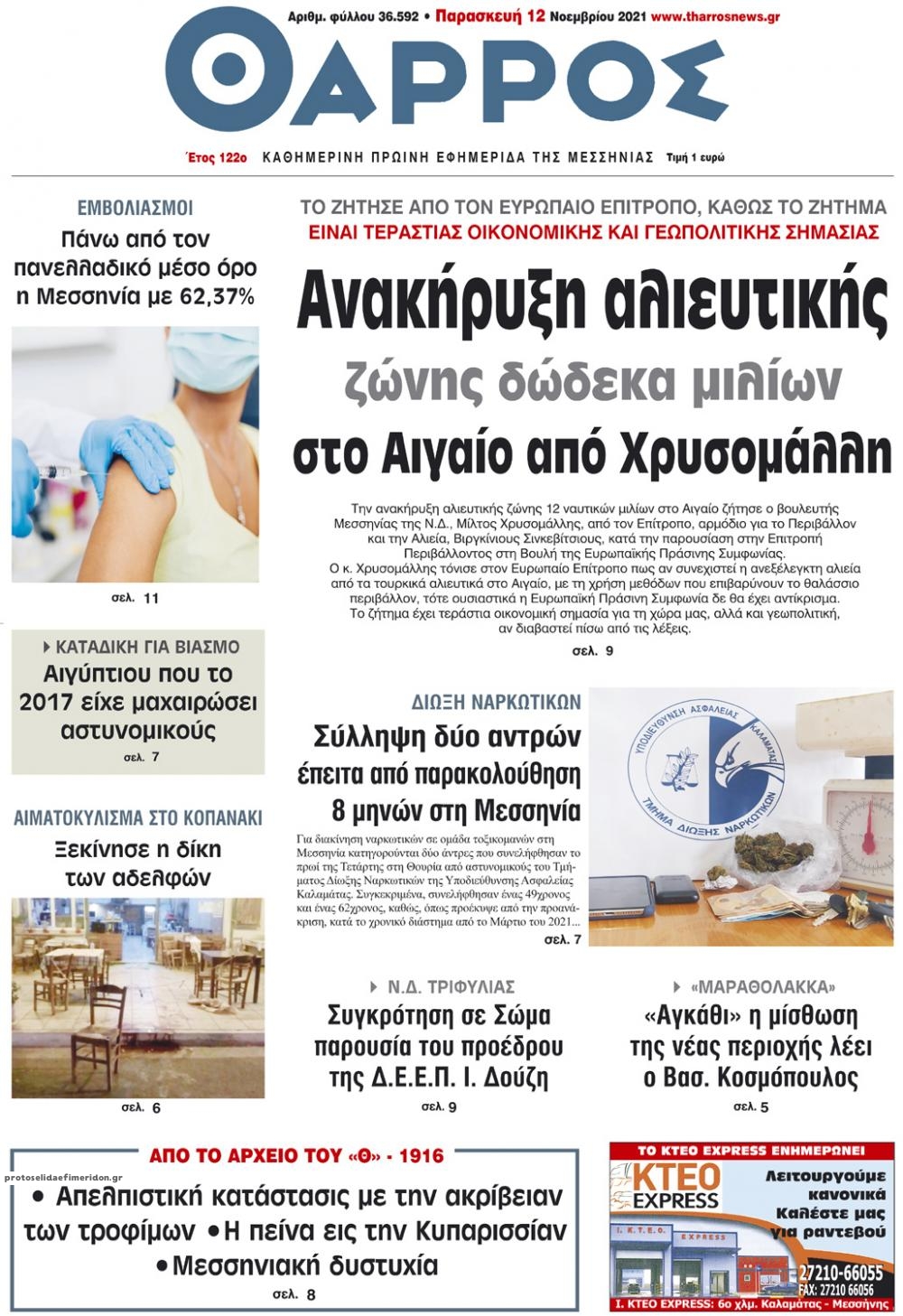 Πρωτοσέλιδο εφημερίδας Θάρρος Μεσσηνίας