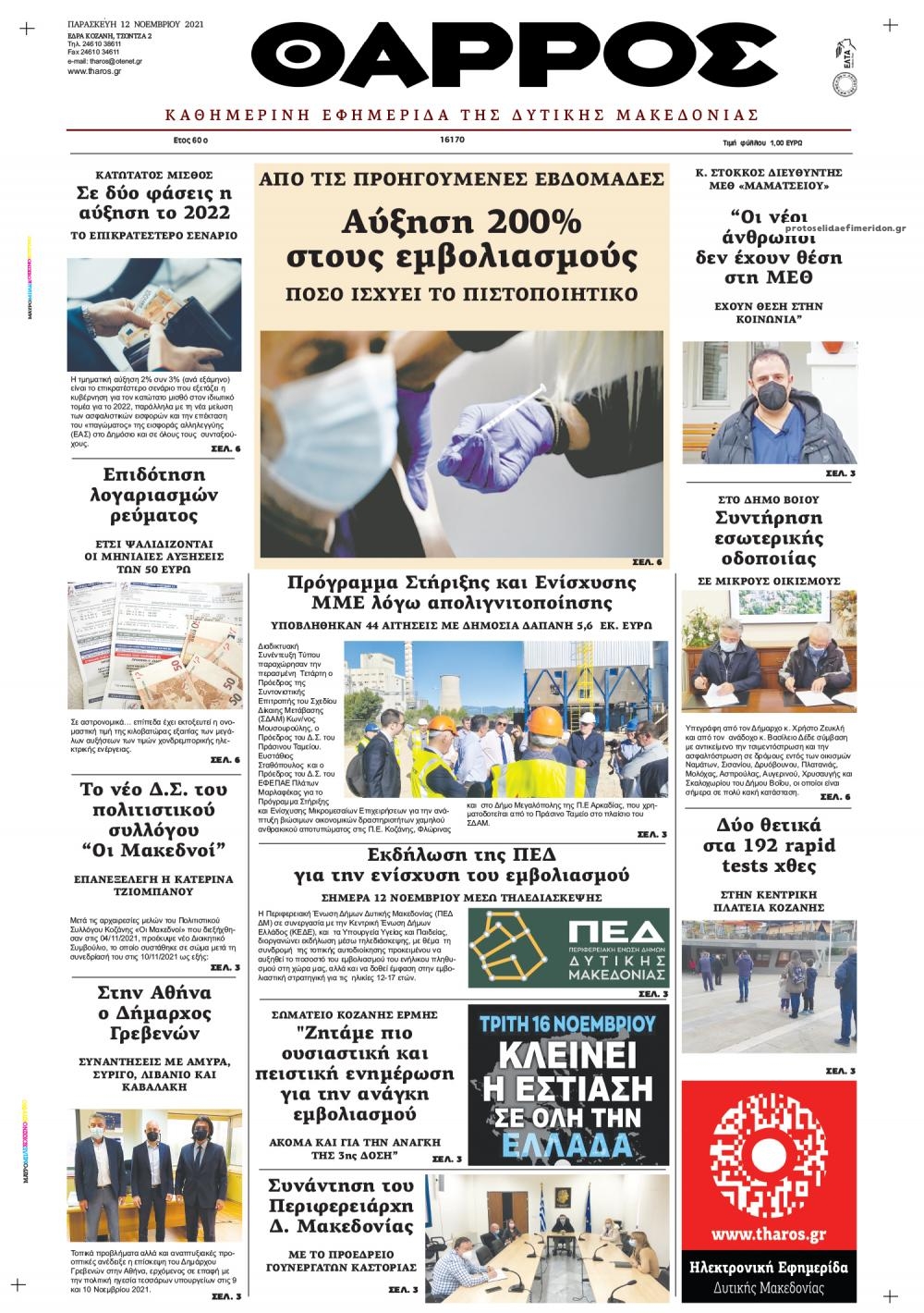 Πρωτοσέλιδο εφημερίδας Θάρρος Κοζάνης