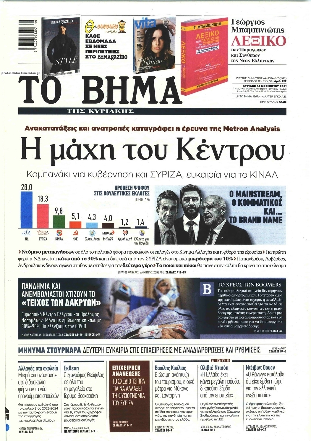 Πρωτοσέλιδο εφημερίδας Το Βήμα της Κυριακής