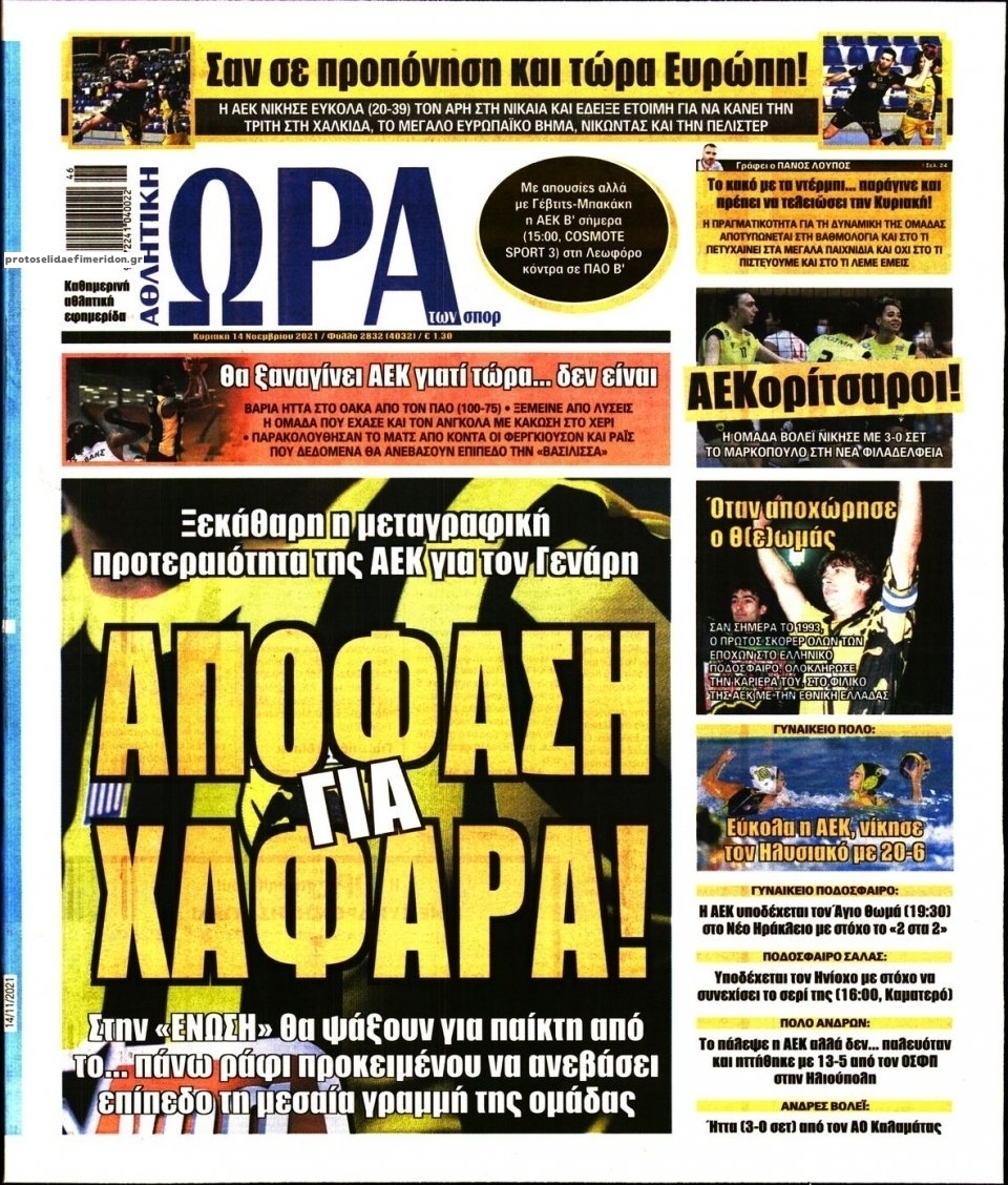 Πρωτοσέλιδο εφημερίδας Η ώρα των Σπορ