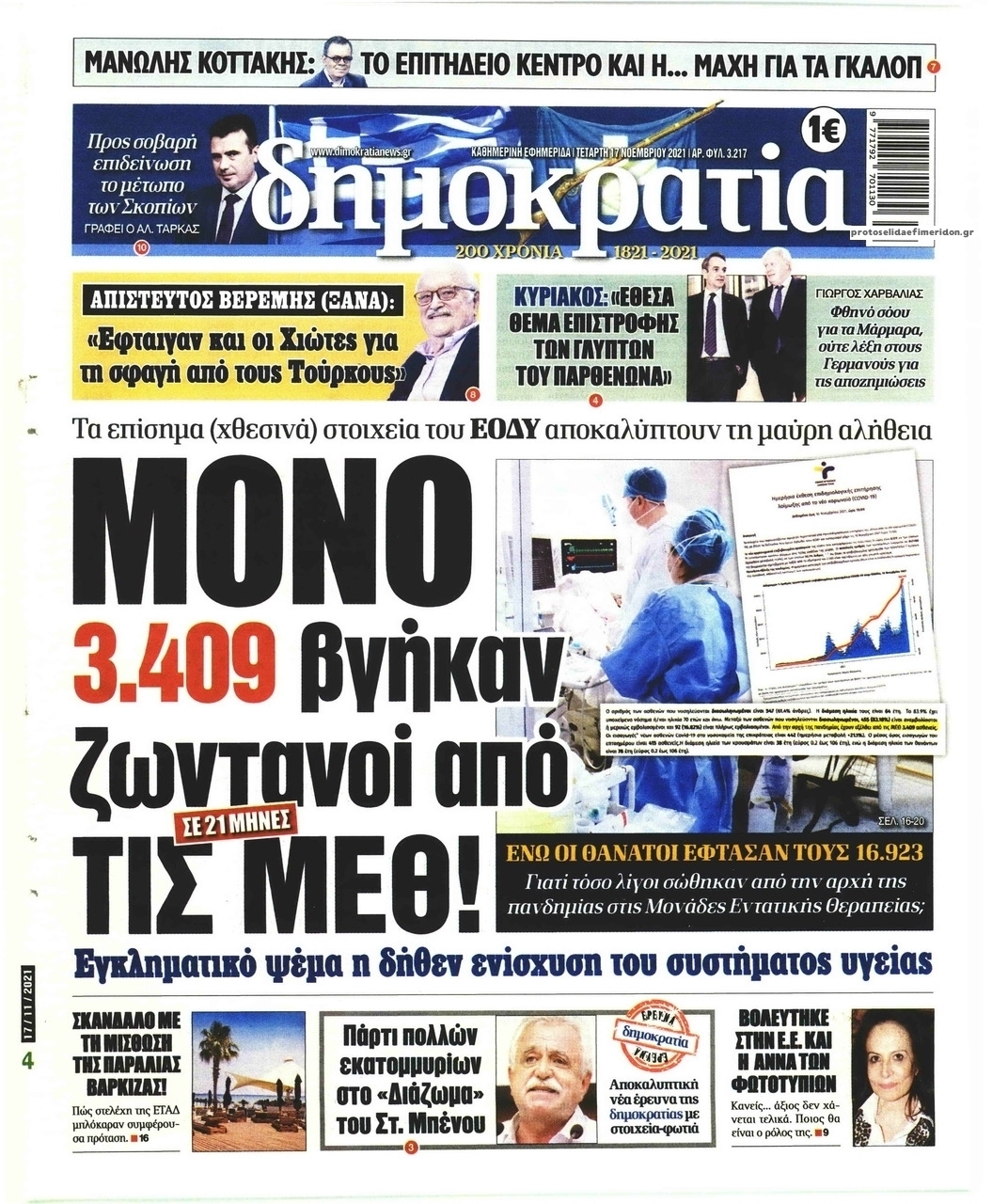 Πρωτοσέλιδο εφημερίδας Δημοκρατία