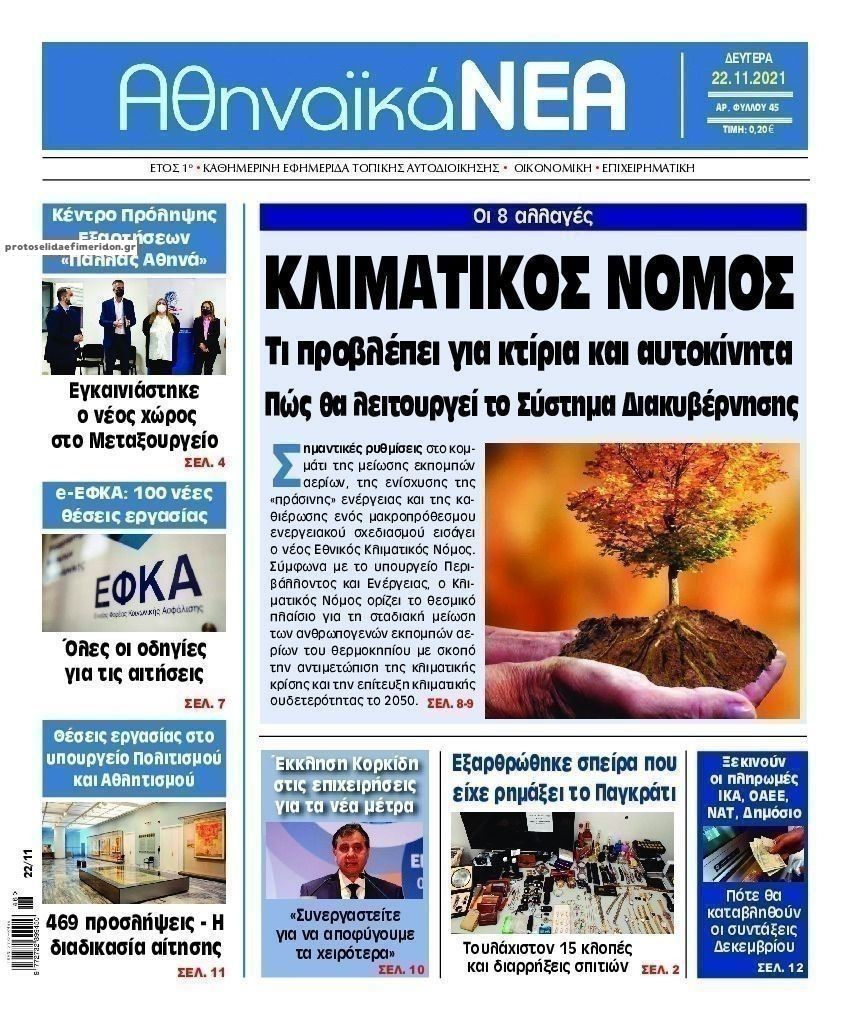Πρωτοσέλιδο εφημερίδας Αθηναϊκά Νέα
