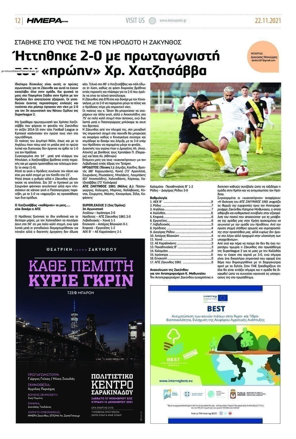 Οπισθόφυλλο εφημερίδας Ημέρα Ζακύνθου