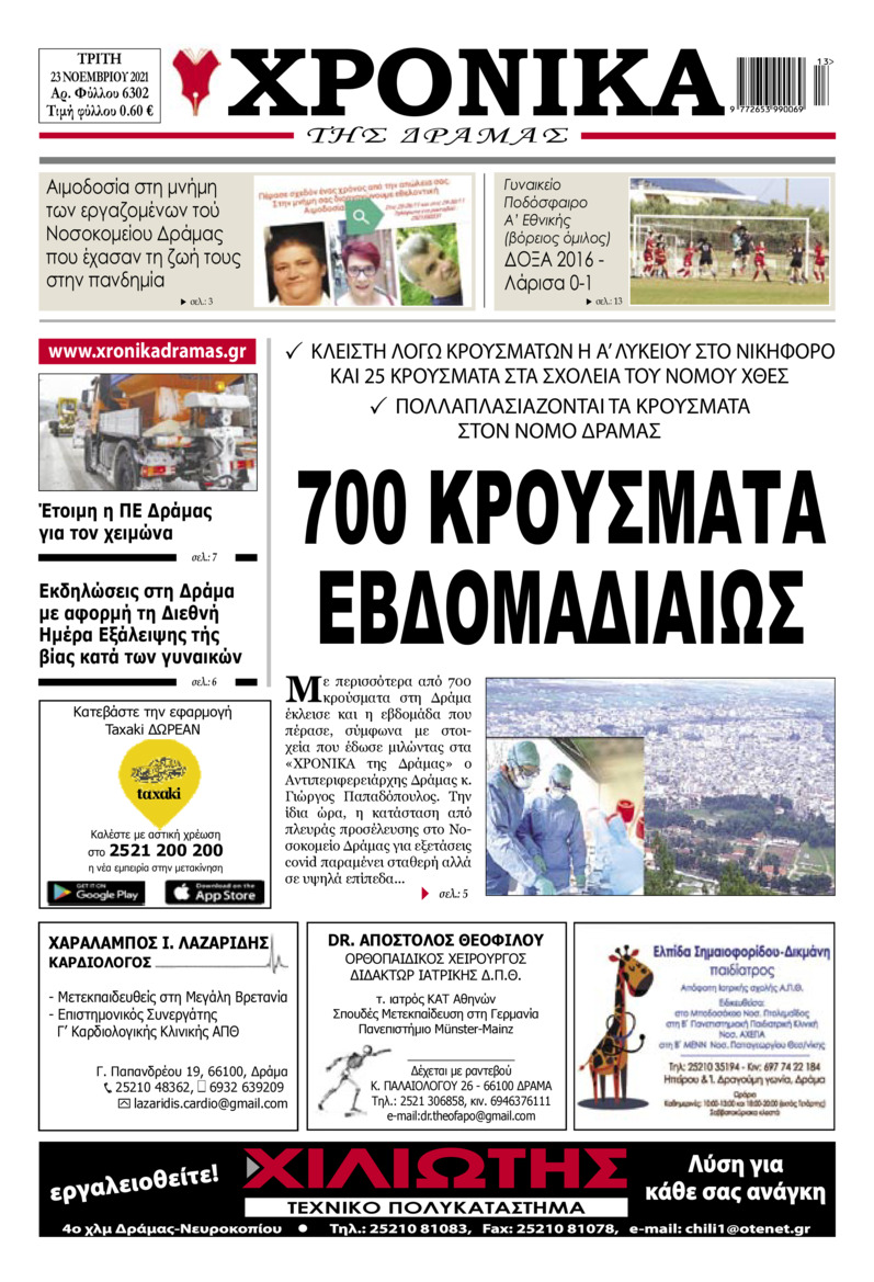 Πρωτοσέλιδο εφημερίδας Χρονικά Δράμας