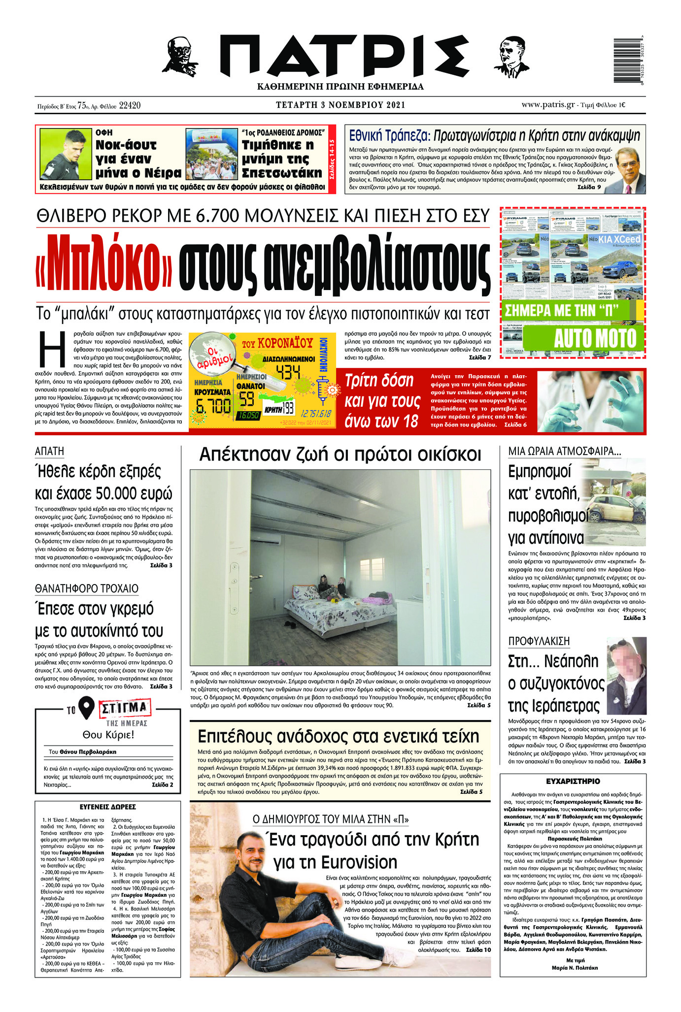 Πρωτοσέλιδο εφημερίδας Πατρίς