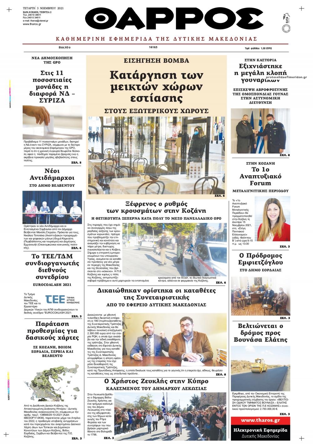 Πρωτοσέλιδο εφημερίδας Θάρρος Κοζάνης