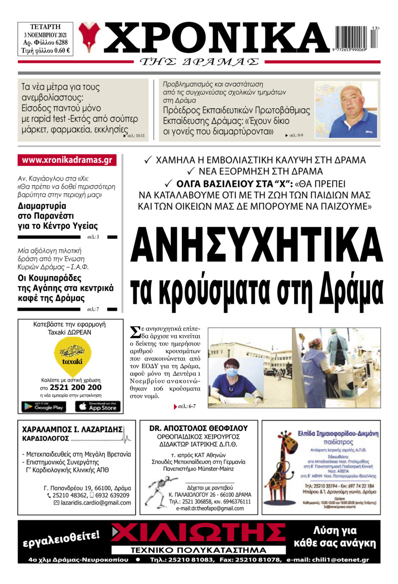 Πρωτοσέλιδο εφημερίδας Χρονικά Δράμας